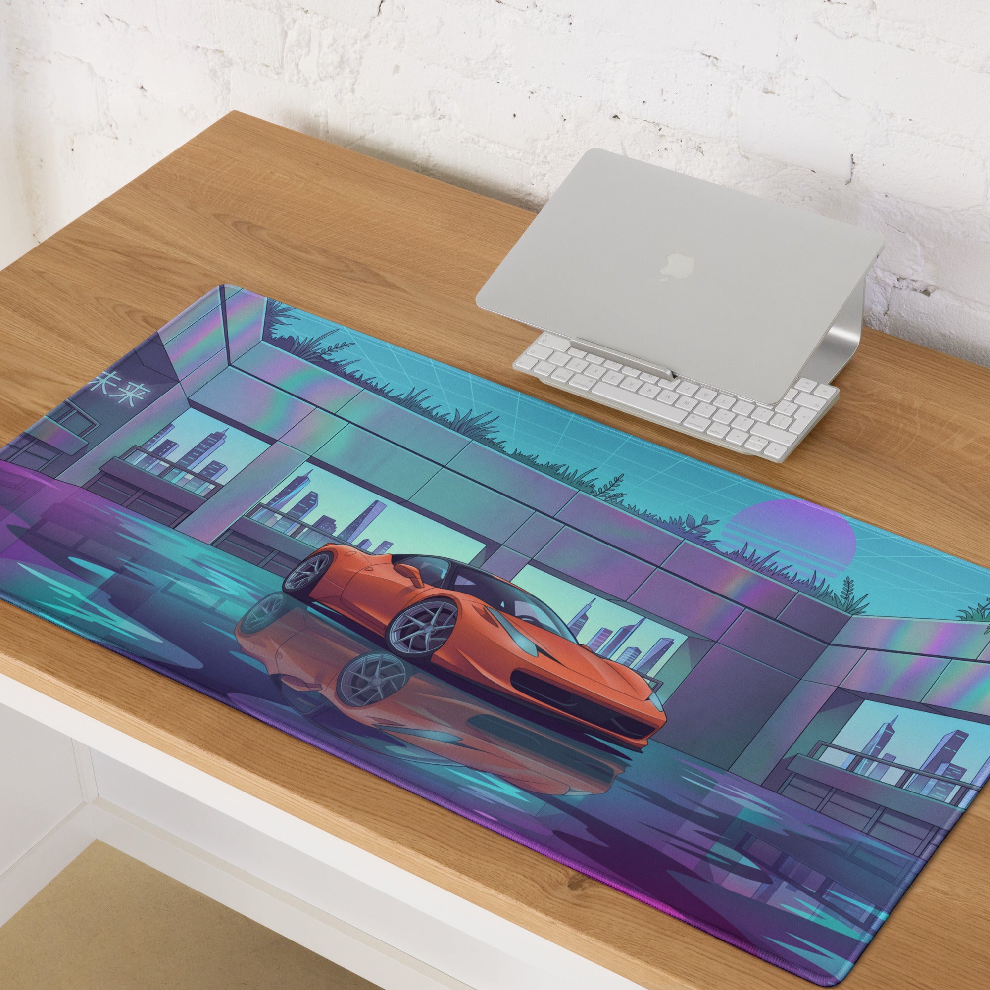 Ferrari 458 Italia Inspired Orange Vaporwave Gaming Mouse Pad – Neon Futuristic City Desk Mat, Retro Cyberpunk Supercar Digital Artwork