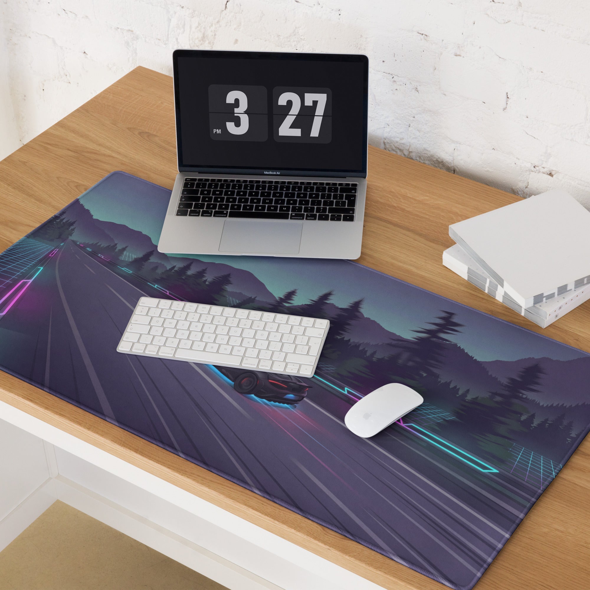 McLaren 765LT Inspired Black Vaporwave Gaming Mouse Pad – Neon Mountain Highway Desk Mat, Futuristic Cyberpunk Supercar Digital Artwork