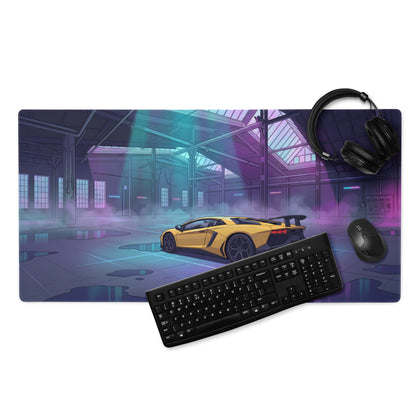 Lamborghini Aventador SVJ Inspired Yellow Vaporwave Gaming Mouse Pad – Neon Industrial Garage Desk Mat, Futuristic Supercar Digital Artwork