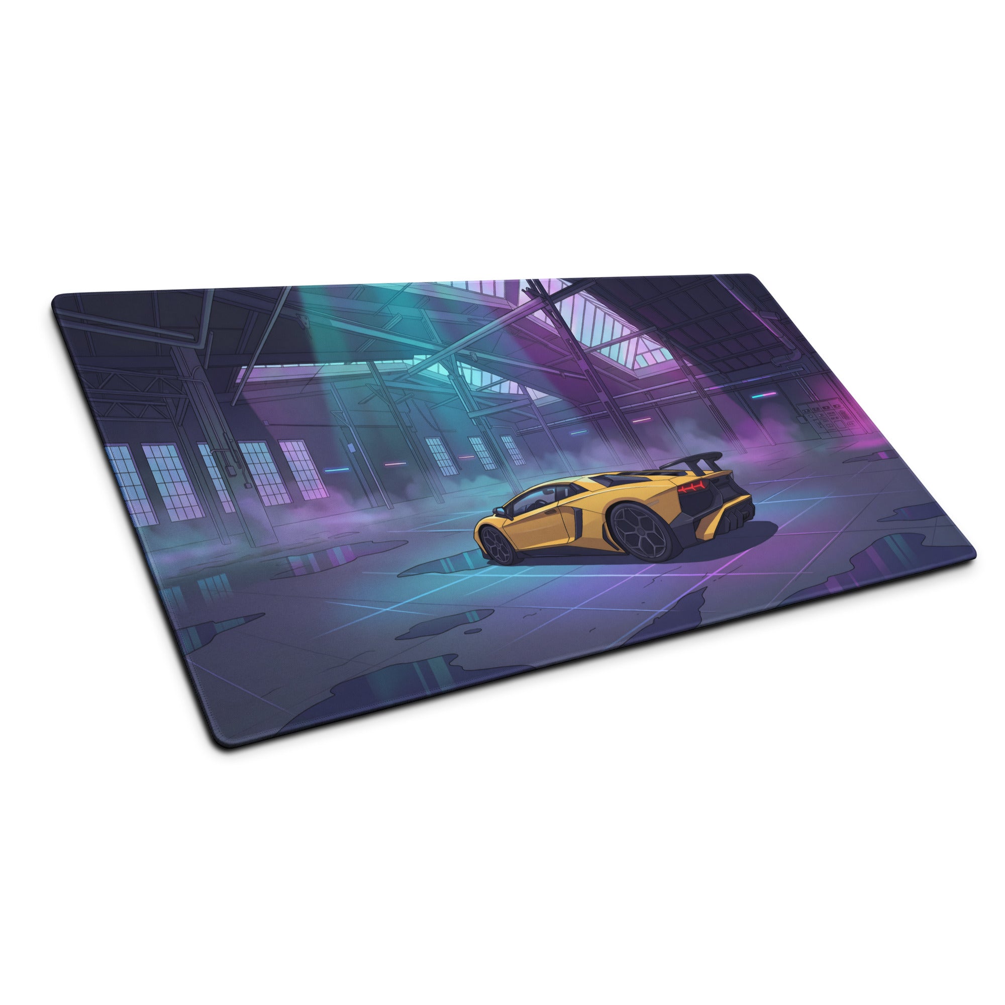 Lamborghini Aventador SVJ Inspired Yellow Vaporwave Gaming Mouse Pad – Neon Industrial Garage Desk Mat, Futuristic Supercar Digital Artwork
