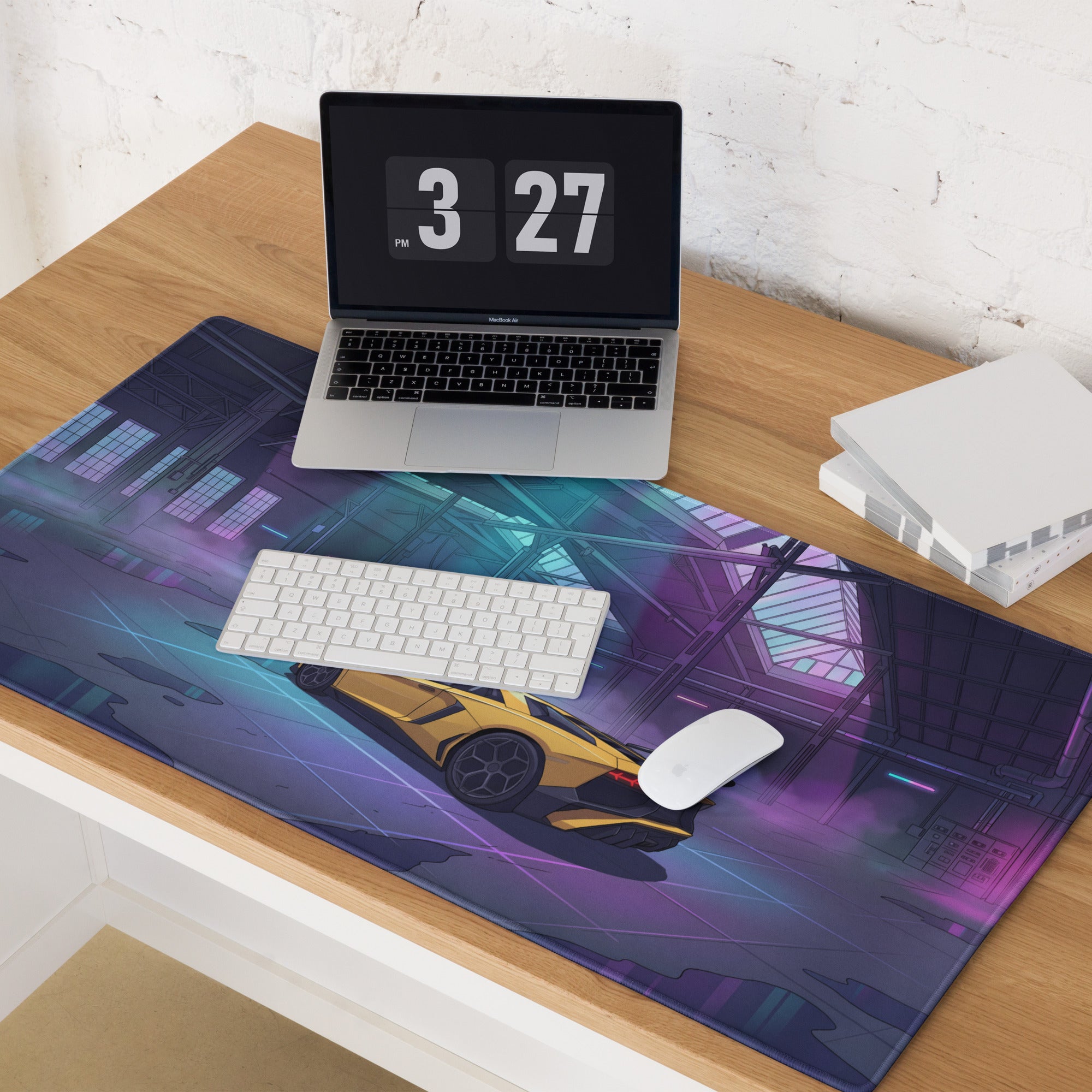 Lamborghini Aventador SVJ Inspired Yellow Vaporwave Gaming Mouse Pad – Neon Industrial Garage Desk Mat, Futuristic Supercar Digital Artwork