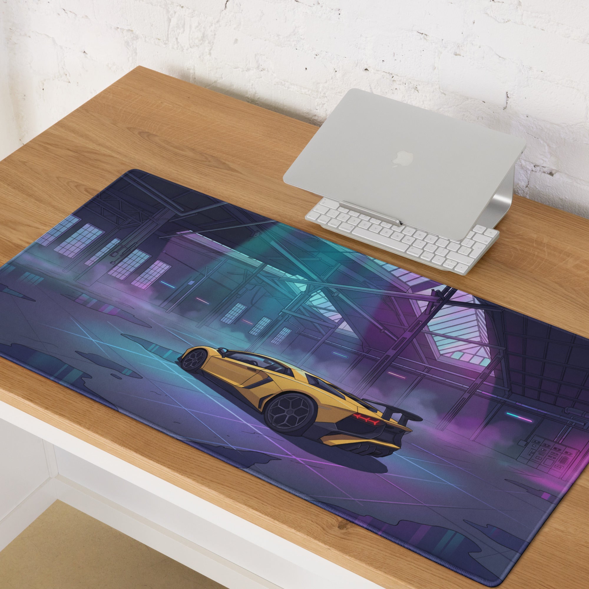 Lamborghini Aventador SVJ Inspired Yellow Vaporwave Gaming Mouse Pad – Neon Industrial Garage Desk Mat, Futuristic Supercar Digital Artwork
