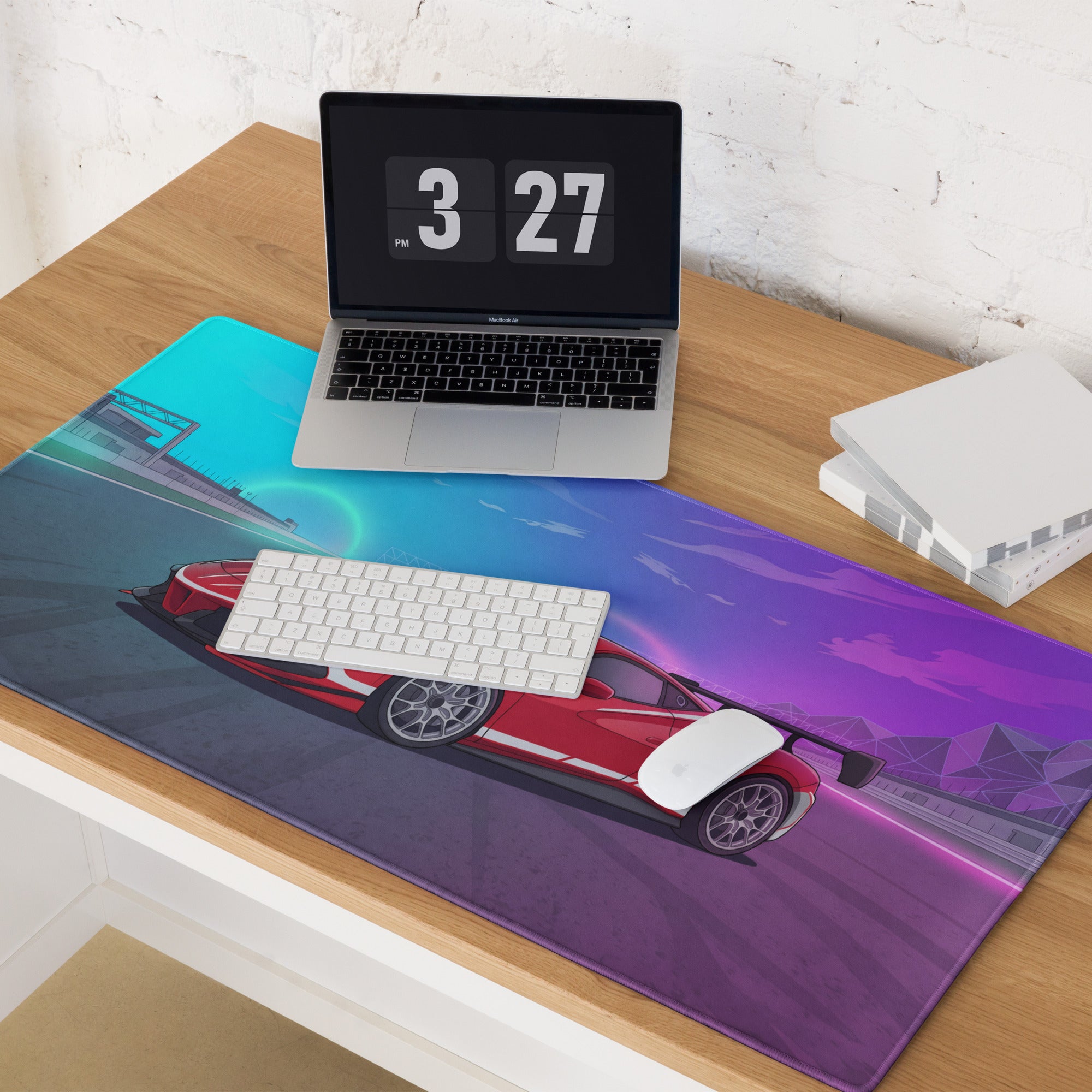Ferrari 488 Challenge Evo Inspired Red Vaporwave Gaming Mouse Pad – Neon Racetrack Desk Mat, Retro Futuristic Race Car Digital Artwork