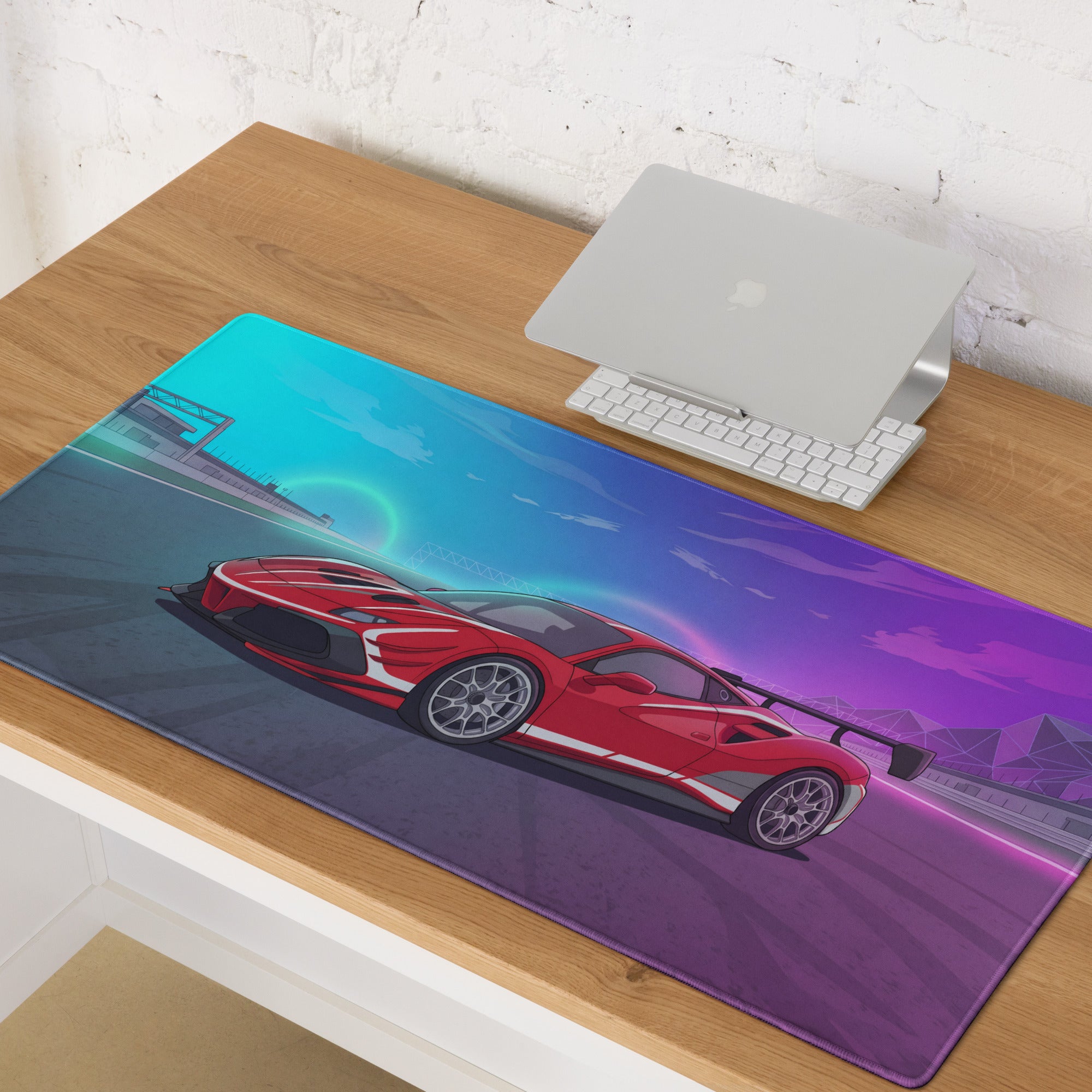 Ferrari 488 Challenge Evo Inspired Red Vaporwave Gaming Mouse Pad – Neon Racetrack Desk Mat, Retro Futuristic Race Car Digital Artwork