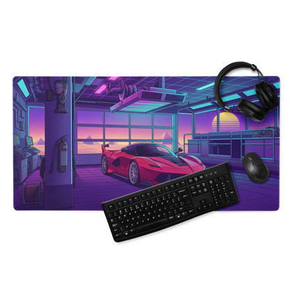 Ferrari FXX-K Evo Inspired Red Purple Vaporwave Gaming Mouse Pad – Neon Garage Desk Mat, Retro Futuristic Hypercar Digital Artwork