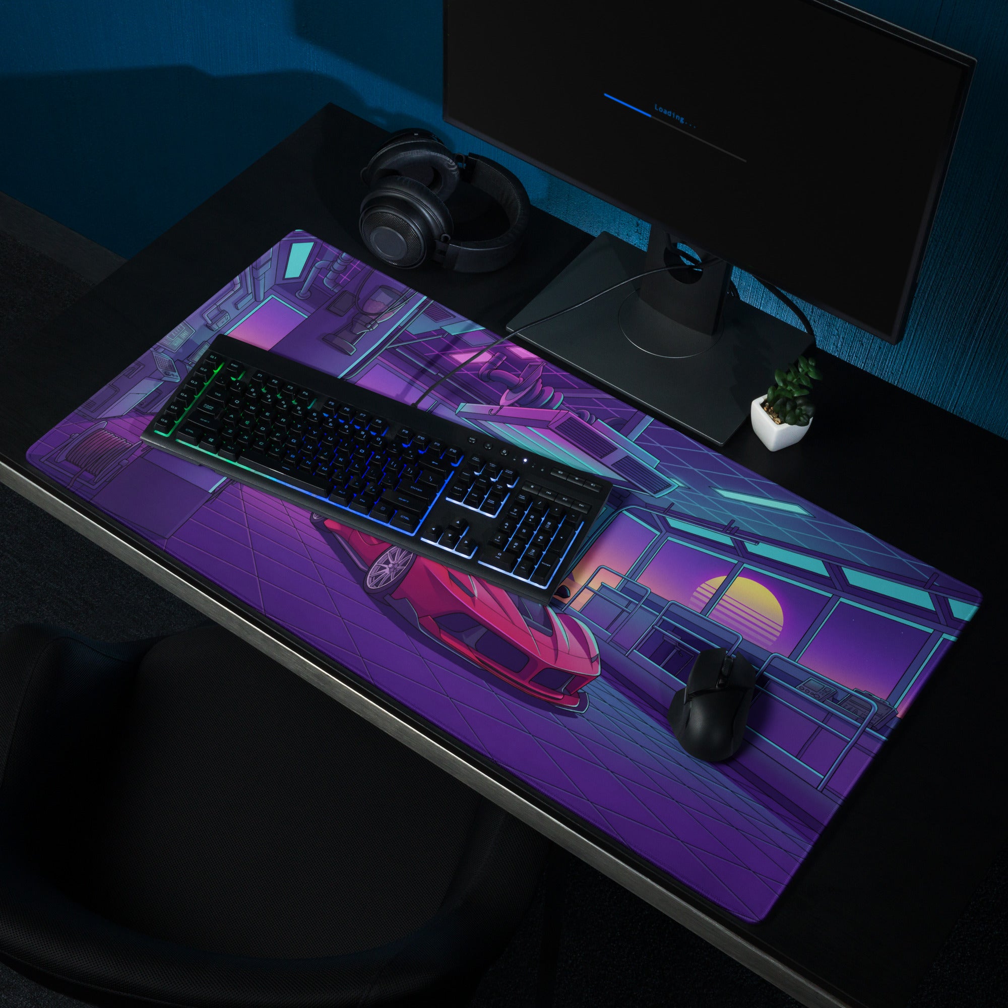 Ferrari FXX-K Evo Inspired Red Purple Vaporwave Gaming Mouse Pad – Neon Garage Desk Mat, Retro Futuristic Hypercar Digital Artwork