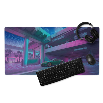 Porsche 911 GT3 Touring Inspired Teal Vaporwave Gaming Mouse Pad – Neon Cyber Park Desk Mat, Retro Futuristic Garage Digital Automotive Art