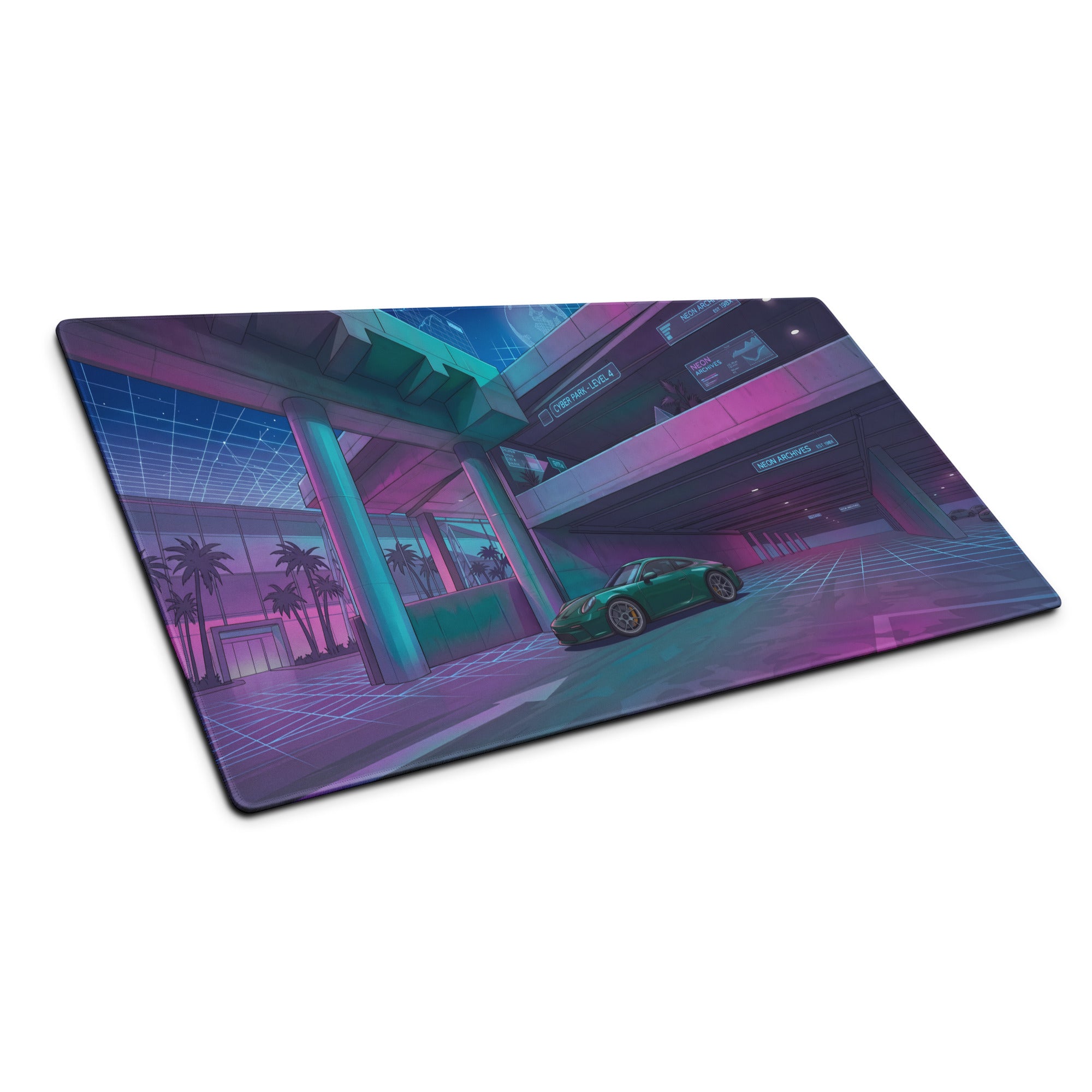 Porsche 911 GT3 Touring Inspired Teal Vaporwave Gaming Mouse Pad – Neon Cyber Park Desk Mat, Retro Futuristic Garage Digital Automotive Art