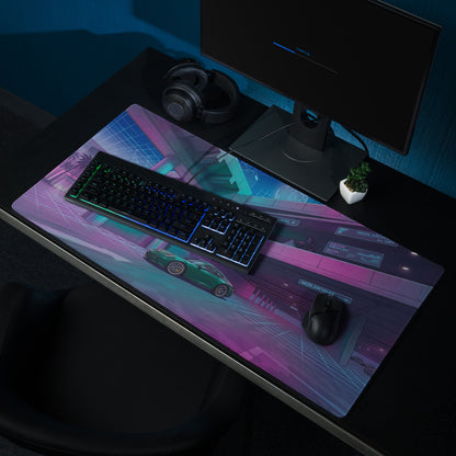 Porsche 911 GT3 Touring Inspired Teal Vaporwave Gaming Mouse Pad – Neon Cyber Park Desk Mat, Retro Futuristic Garage Digital Automotive Art