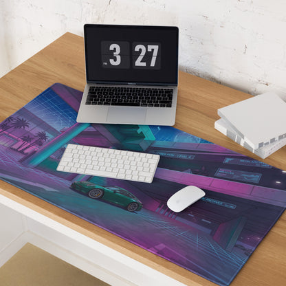 Porsche 911 GT3 Touring Inspired Teal Vaporwave Gaming Mouse Pad – Neon Cyber Park Desk Mat, Retro Futuristic Garage Digital Automotive Art