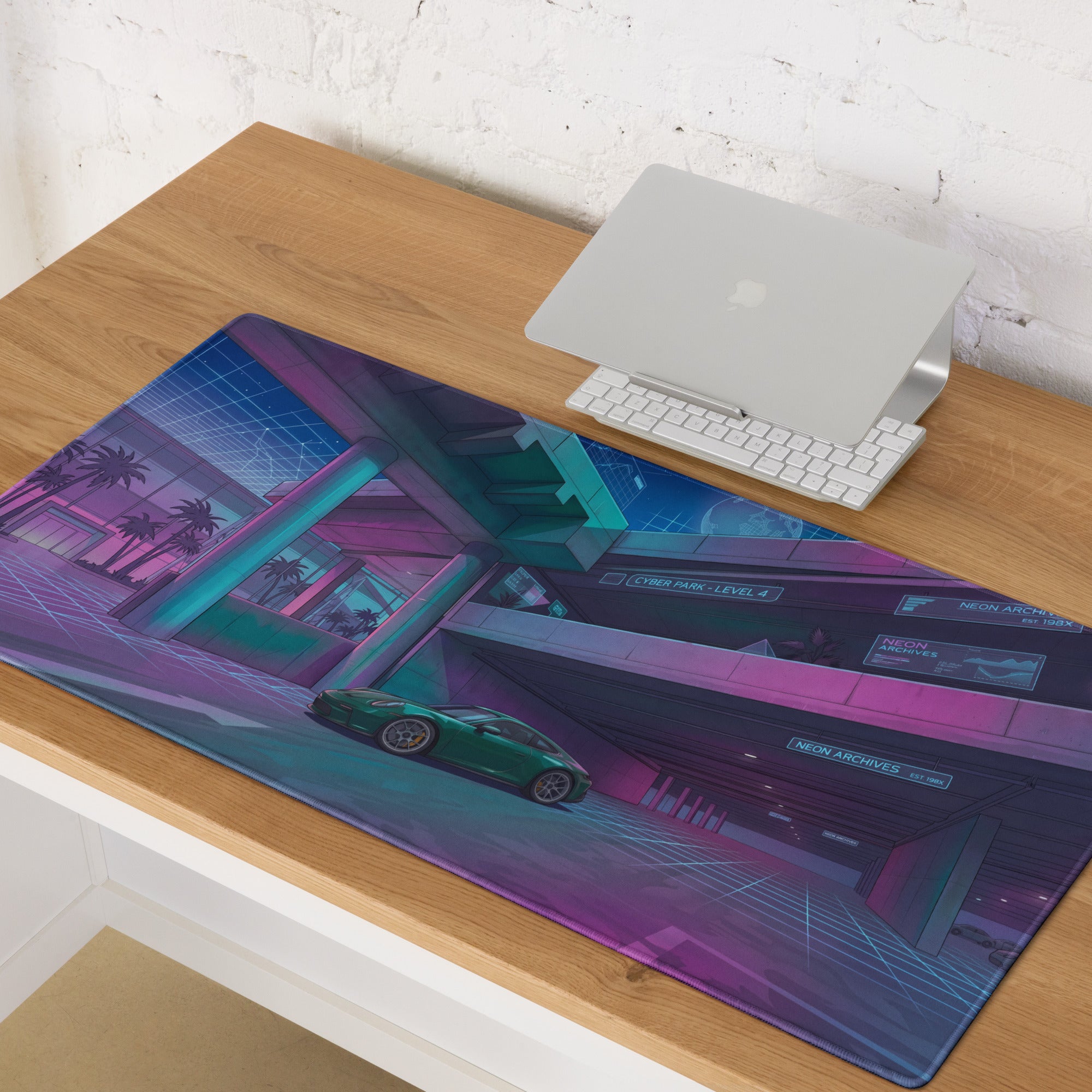 Porsche 911 GT3 Touring Inspired Teal Vaporwave Gaming Mouse Pad – Neon Cyber Park Desk Mat, Retro Futuristic Garage Digital Automotive Art