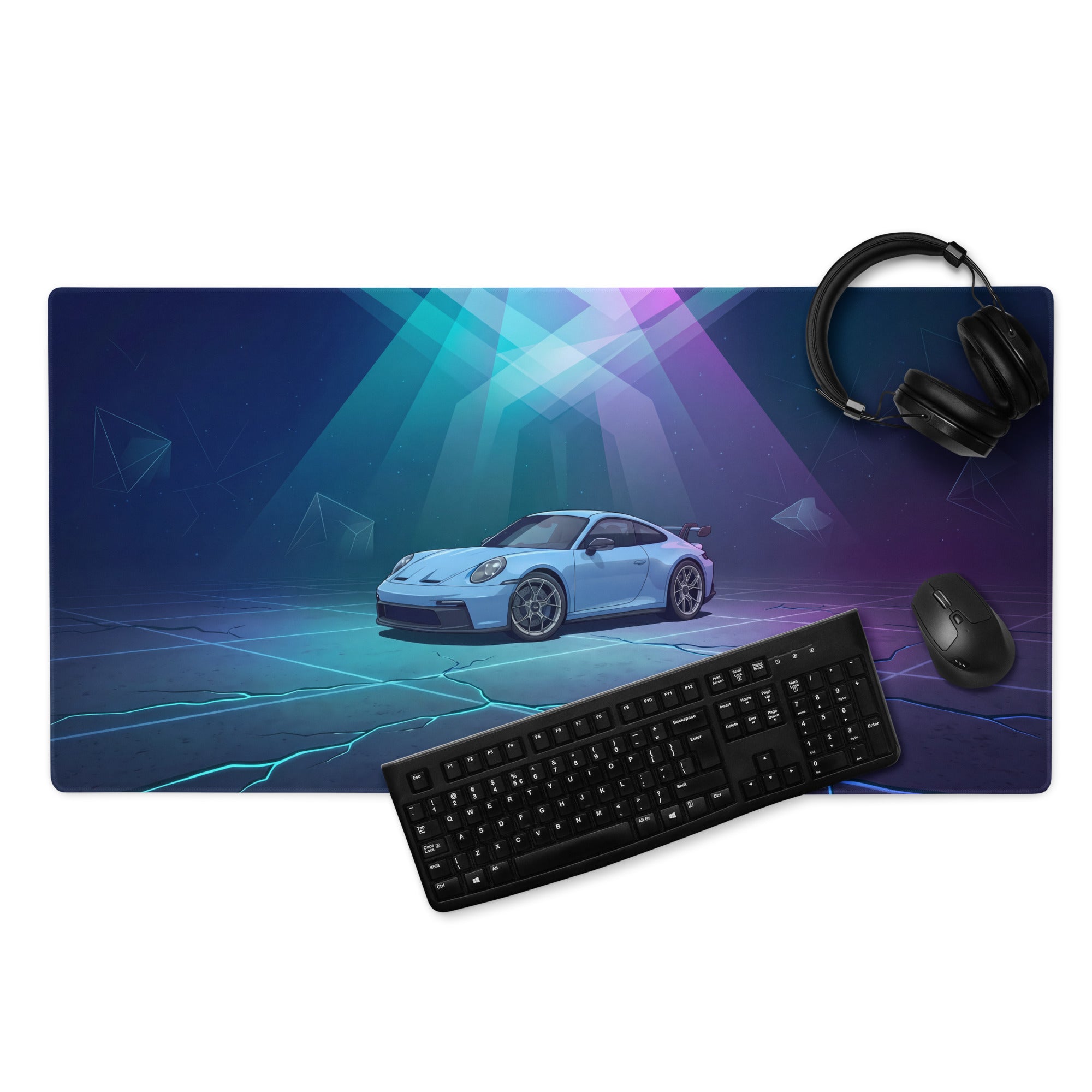 Porsche 911 GT3 Inspired Ice Blue Vaporwave Gaming Mouse Pad – Neon Cyan Purple Desk Mat, Futuristic Geometric Sports Car Digital Artwork