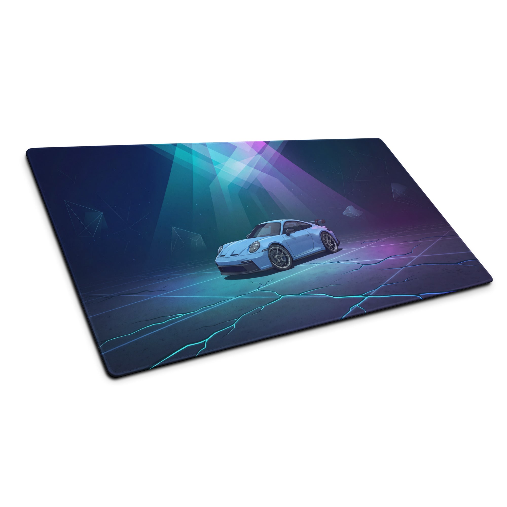 Porsche 911 GT3 Inspired Ice Blue Vaporwave Gaming Mouse Pad – Neon Cyan Purple Desk Mat, Futuristic Geometric Sports Car Digital Artwork