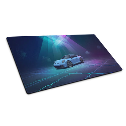 Porsche 911 GT3 Inspired Ice Blue Vaporwave Gaming Mouse Pad – Neon Cyan Purple Desk Mat, Futuristic Geometric Sports Car Digital Artwork