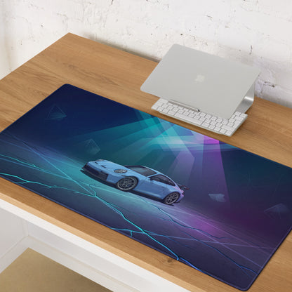 Porsche 911 GT3 Inspired Ice Blue Vaporwave Gaming Mouse Pad – Neon Cyan Purple Desk Mat, Futuristic Geometric Sports Car Digital Artwork
