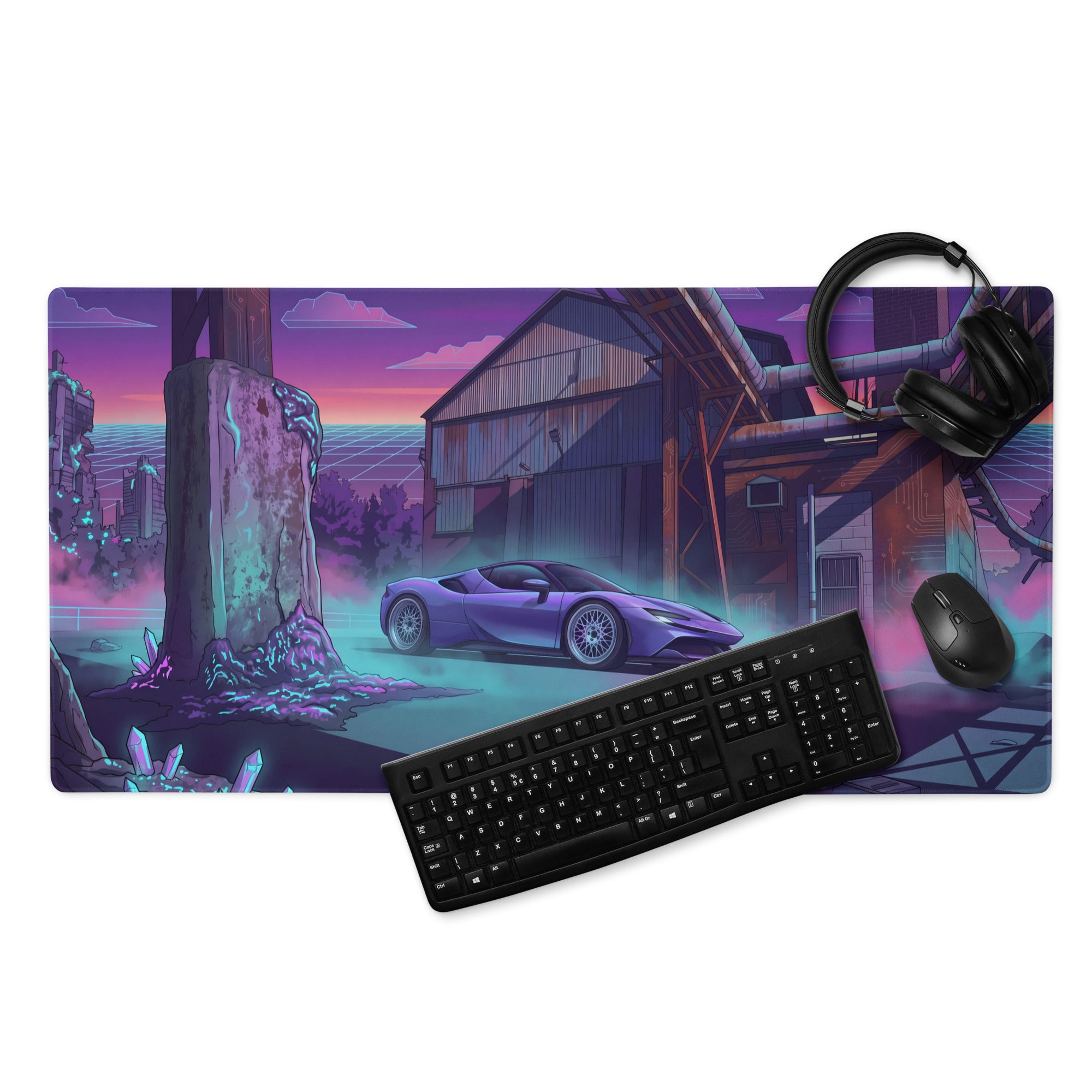 Ferrari SF90 Stradale Inspired Purple Vaporwave Gaming Mouse Pad – Neon Cyan Industrial Ruins Desk Mat, Retro Futuristic Supercar Digital Art