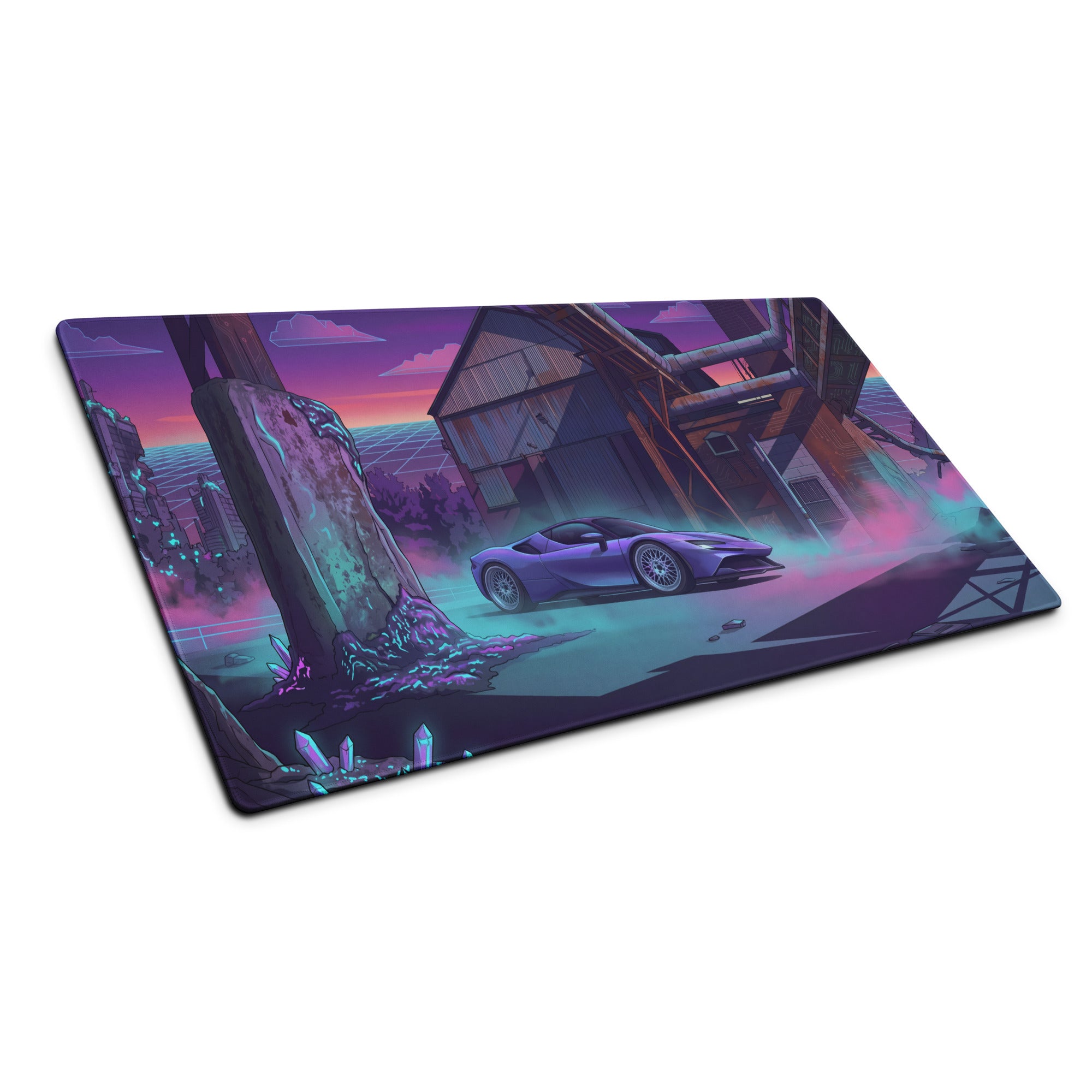 Ferrari SF90 Stradale Inspired Purple Vaporwave Gaming Mouse Pad – Neon Cyan Industrial Ruins Desk Mat, Retro Futuristic Supercar Digital Art