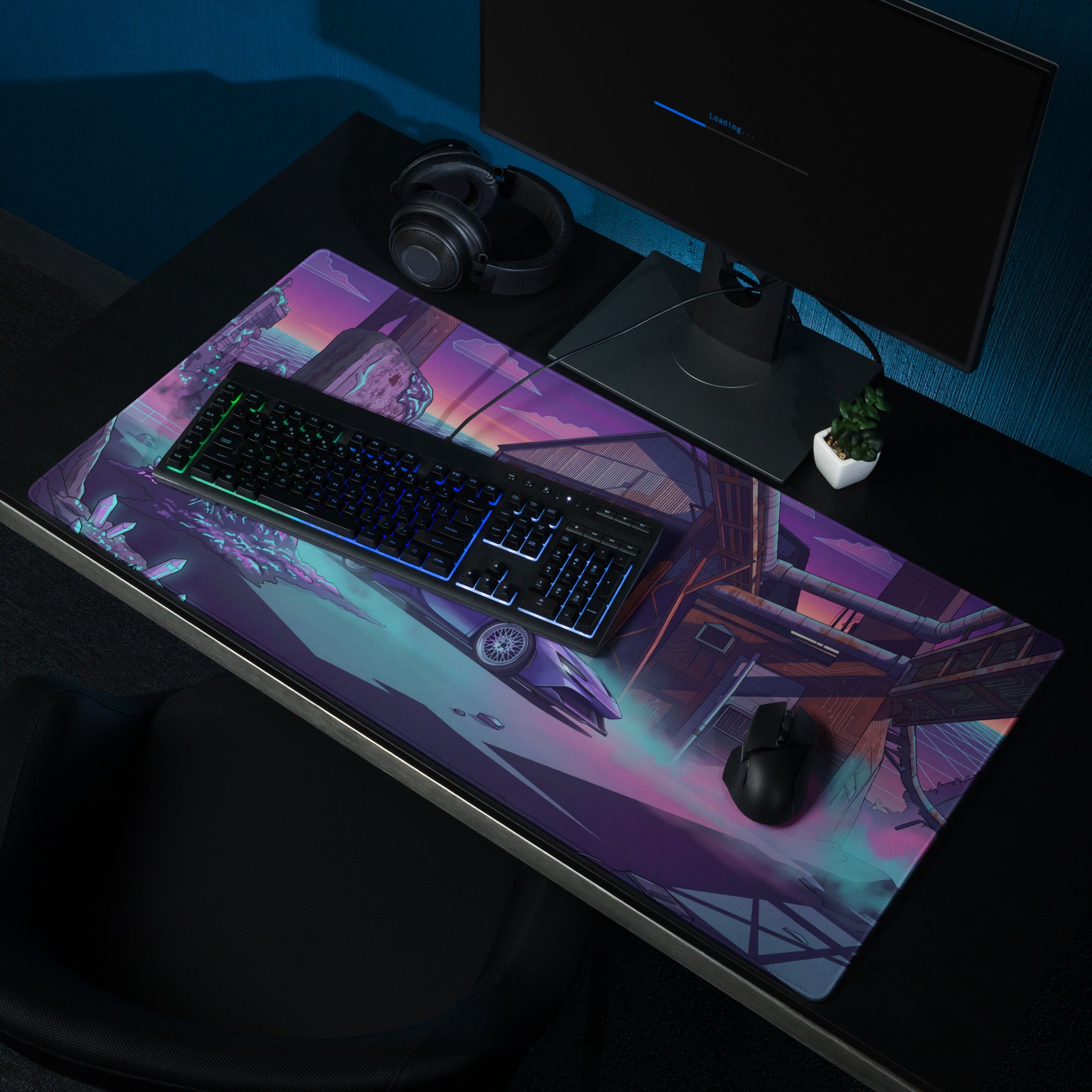 Ferrari SF90 Stradale Inspired Purple Vaporwave Gaming Mouse Pad – Neon Cyan Industrial Ruins Desk Mat, Retro Futuristic Supercar Digital Art