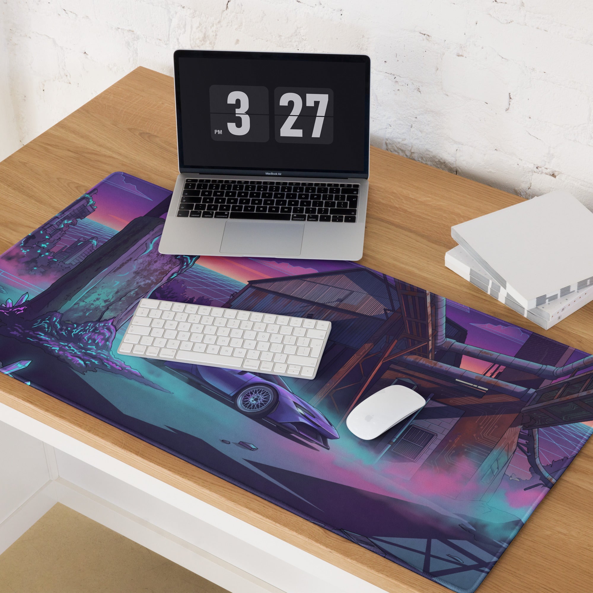 Ferrari SF90 Stradale Inspired Purple Vaporwave Gaming Mouse Pad – Neon Cyan Industrial Ruins Desk Mat, Retro Futuristic Supercar Digital Art