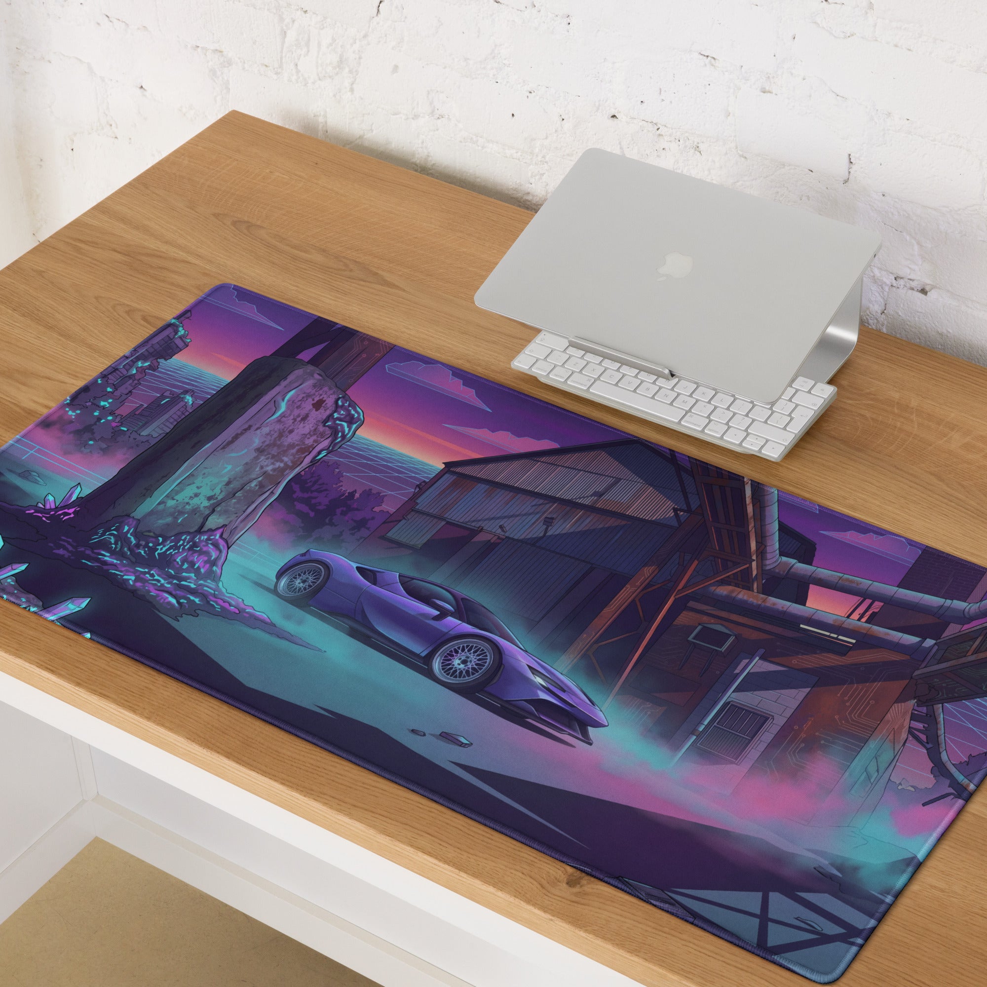 Ferrari SF90 Stradale Inspired Purple Vaporwave Gaming Mouse Pad – Neon Cyan Industrial Ruins Desk Mat, Retro Futuristic Supercar Digital Art