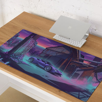 Ferrari SF90 Stradale Inspired Purple Vaporwave Gaming Mouse Pad – Neon Cyan Industrial Ruins Desk Mat, Retro Futuristic Supercar Digital Art