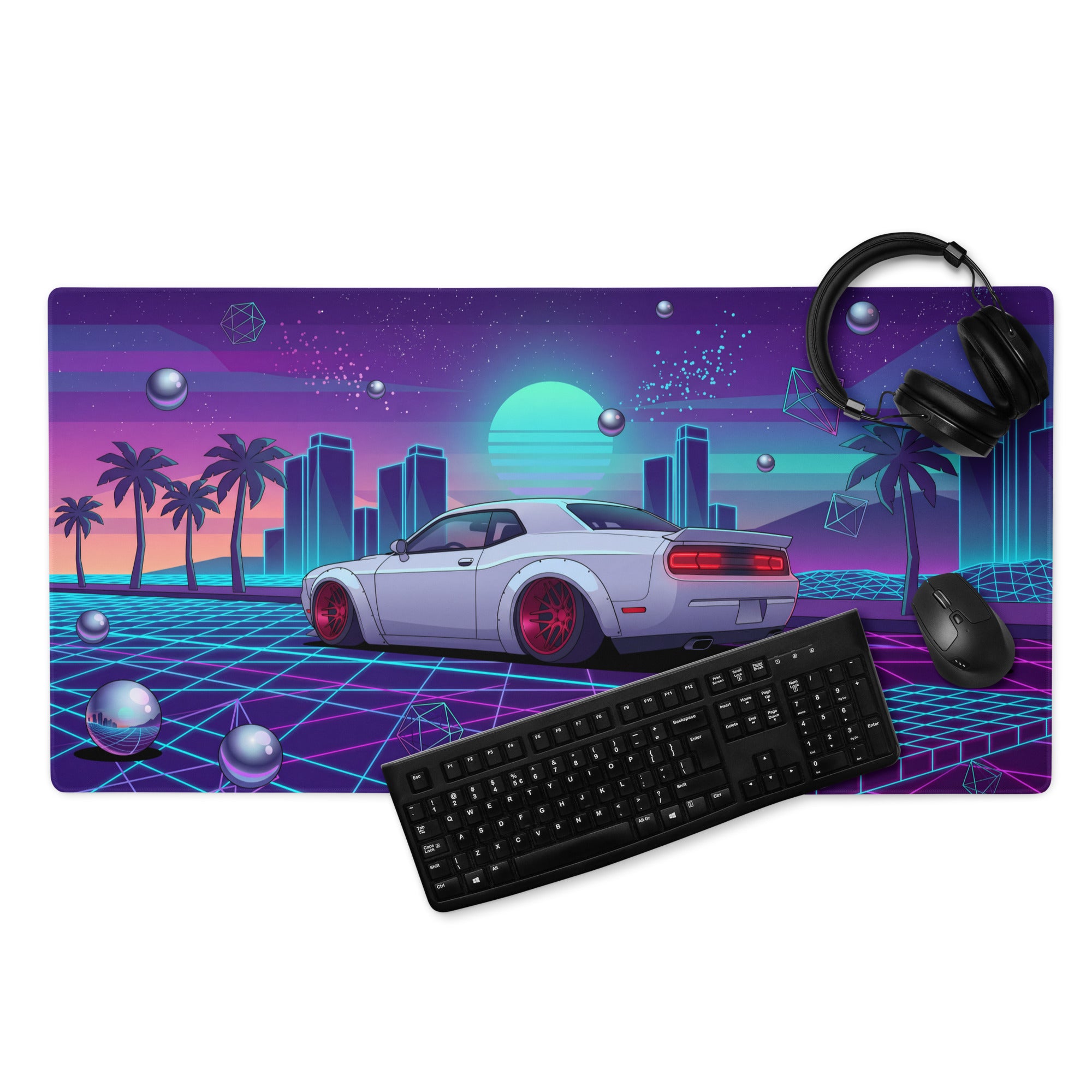 Dodge Challenger SRT Hellcat Inspired White Vaporwave Gaming Mouse Pad – Neon Cyan Pink City Desk Mat, Retro Futuristic Muscle Car Digital Art