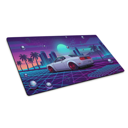 Dodge Challenger SRT Hellcat Inspired White Vaporwave Gaming Mouse Pad – Neon Cyan Pink City Desk Mat, Retro Futuristic Muscle Car Digital Art