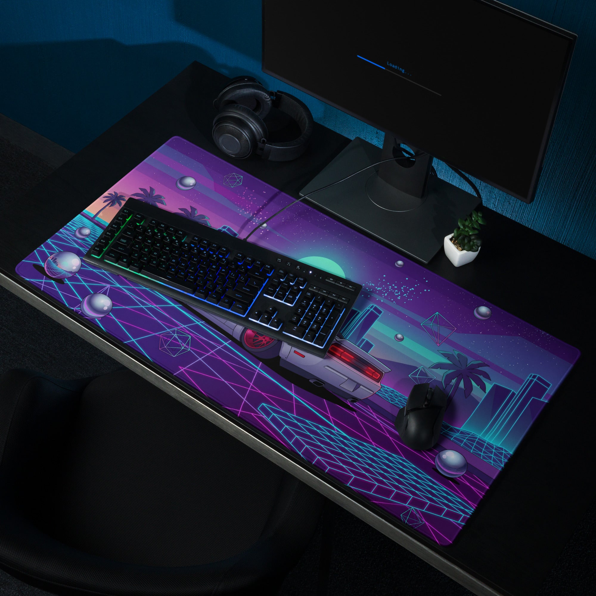 Dodge Challenger SRT Hellcat Inspired White Vaporwave Gaming Mouse Pad – Neon Cyan Pink City Desk Mat, Retro Futuristic Muscle Car Digital Art