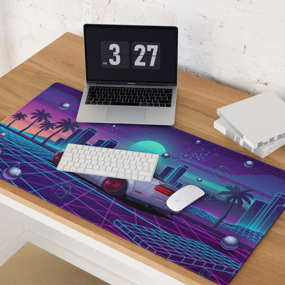 Dodge Challenger SRT Hellcat Inspired White Vaporwave Gaming Mouse Pad – Neon Cyan Pink City Desk Mat, Retro Futuristic Muscle Car Digital Art