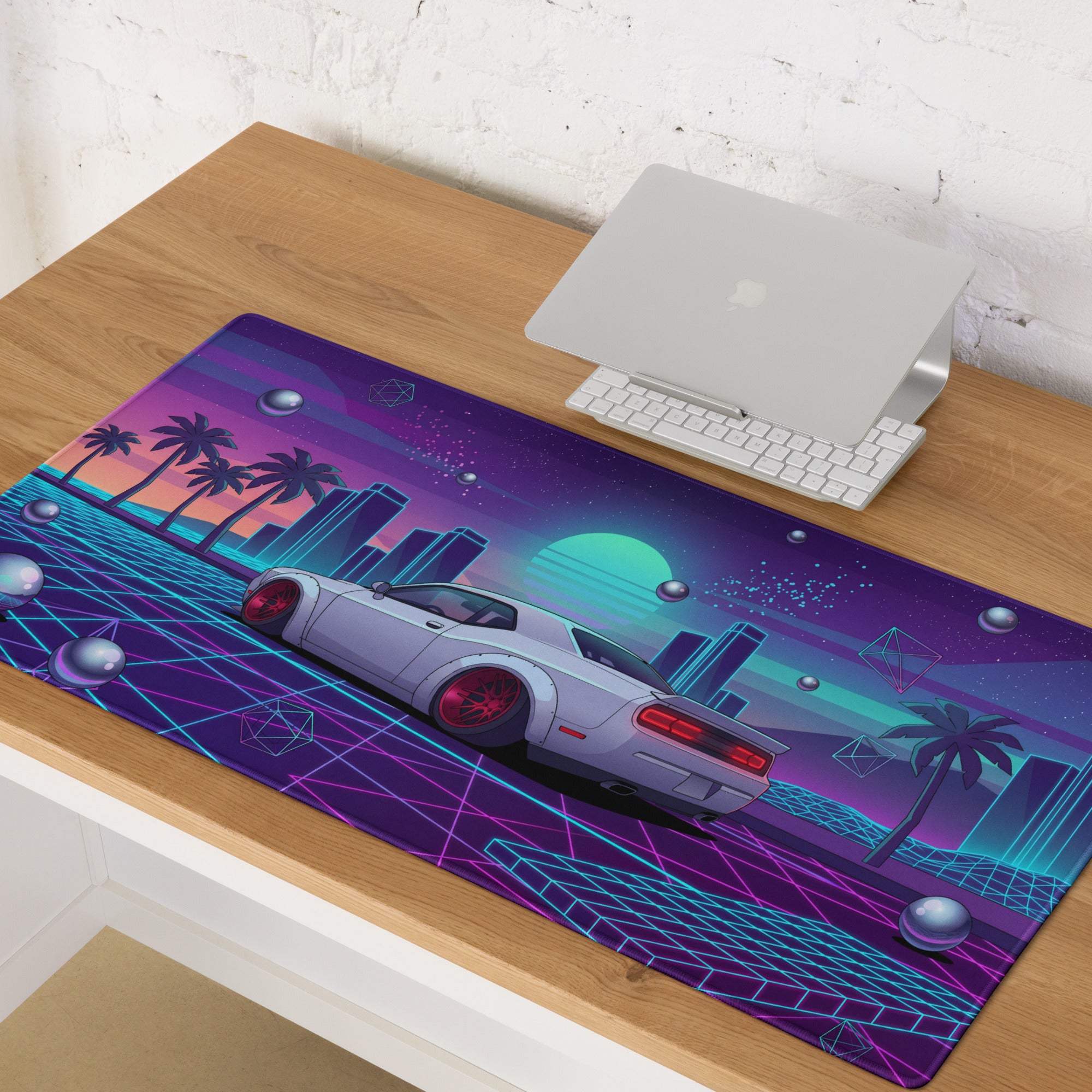 Dodge Challenger SRT Hellcat Inspired White Vaporwave Gaming Mouse Pad – Neon Cyan Pink City Desk Mat, Retro Futuristic Muscle Car Digital Art
