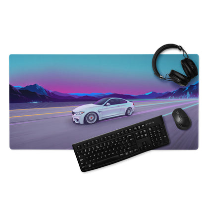 BMW M4 Inspired White Vaporwave Gaming Mouse Pad – Neon Cyan Purple Highway Desk Mat, Retro Futuristic Mountain Racing Digital Artwork