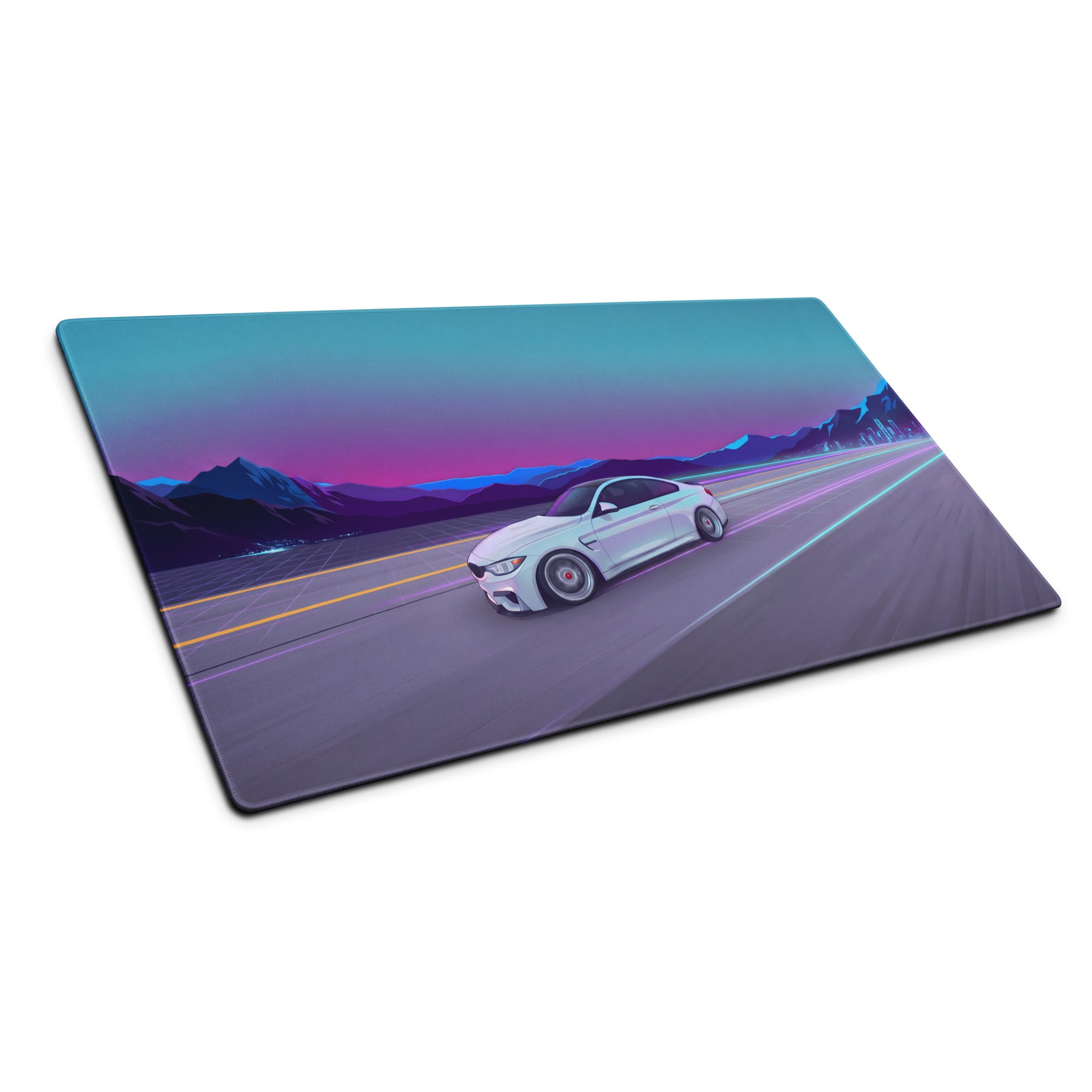 BMW M4 Inspired White Vaporwave Gaming Mouse Pad – Neon Cyan Purple Highway Desk Mat, Retro Futuristic Mountain Racing Digital Artwork