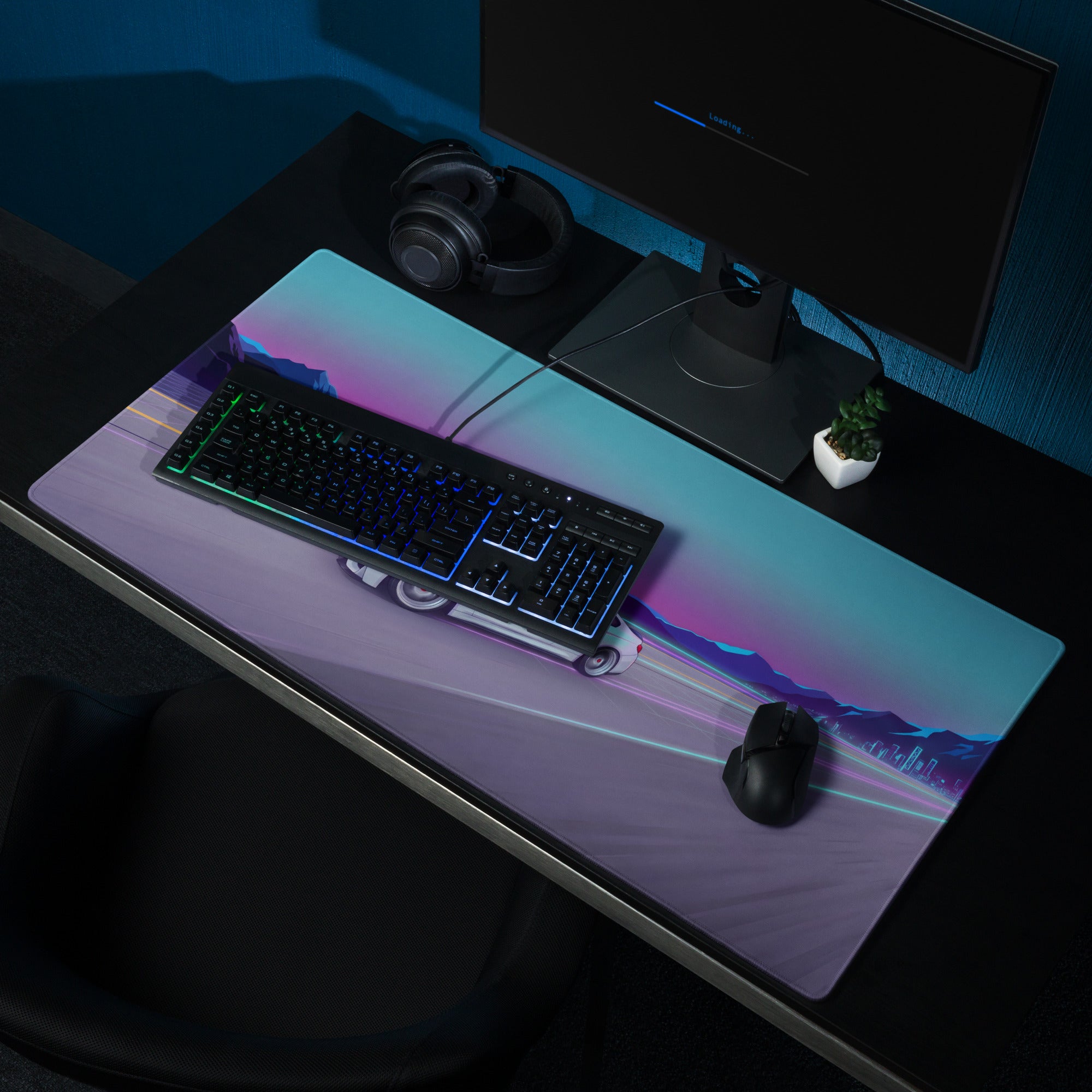 BMW M4 Inspired White Vaporwave Gaming Mouse Pad – Neon Cyan Purple Highway Desk Mat, Retro Futuristic Mountain Racing Digital Artwork