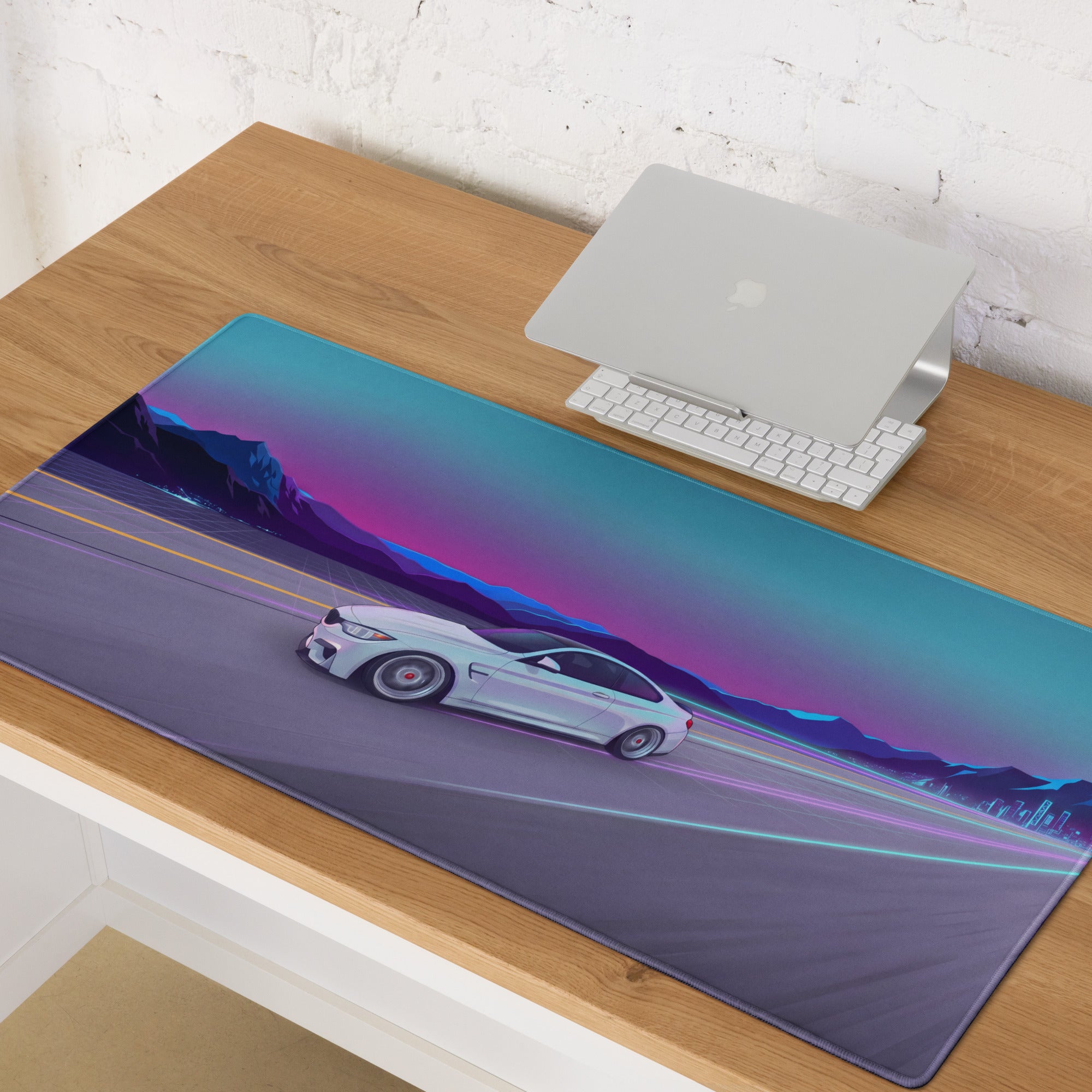 BMW M4 Inspired White Vaporwave Gaming Mouse Pad – Neon Cyan Purple Highway Desk Mat, Retro Futuristic Mountain Racing Digital Artwork