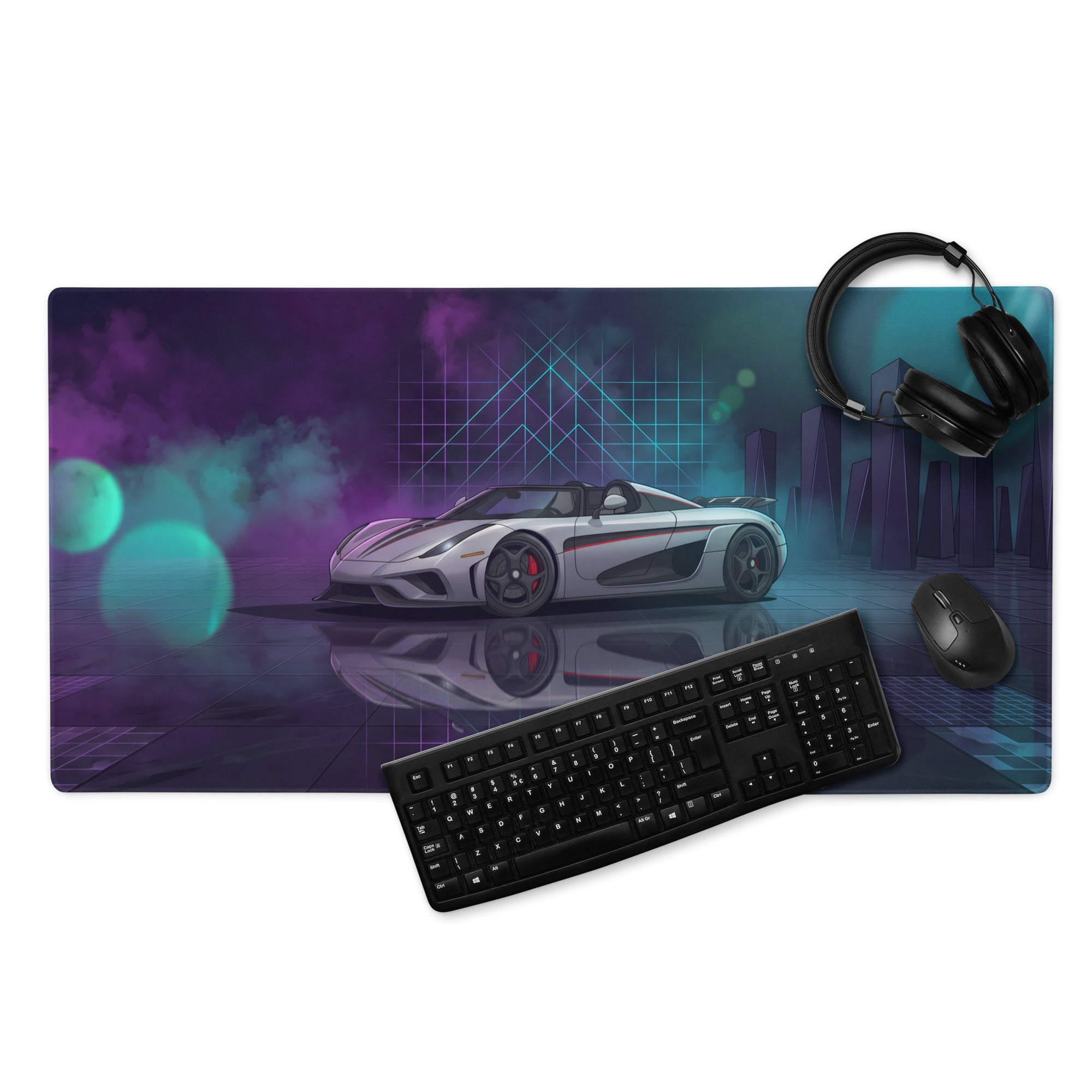 Koenigsegg Regera Inspired Silver Vaporwave Gaming Mouse Pad – Neon Cyan Purple Futuristic City Desk Mat, Dreamy Hypercar Digital Artwork