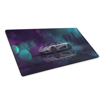 Koenigsegg Regera Inspired Silver Vaporwave Gaming Mouse Pad – Neon Cyan Purple Futuristic City Desk Mat, Dreamy Hypercar Digital Artwork