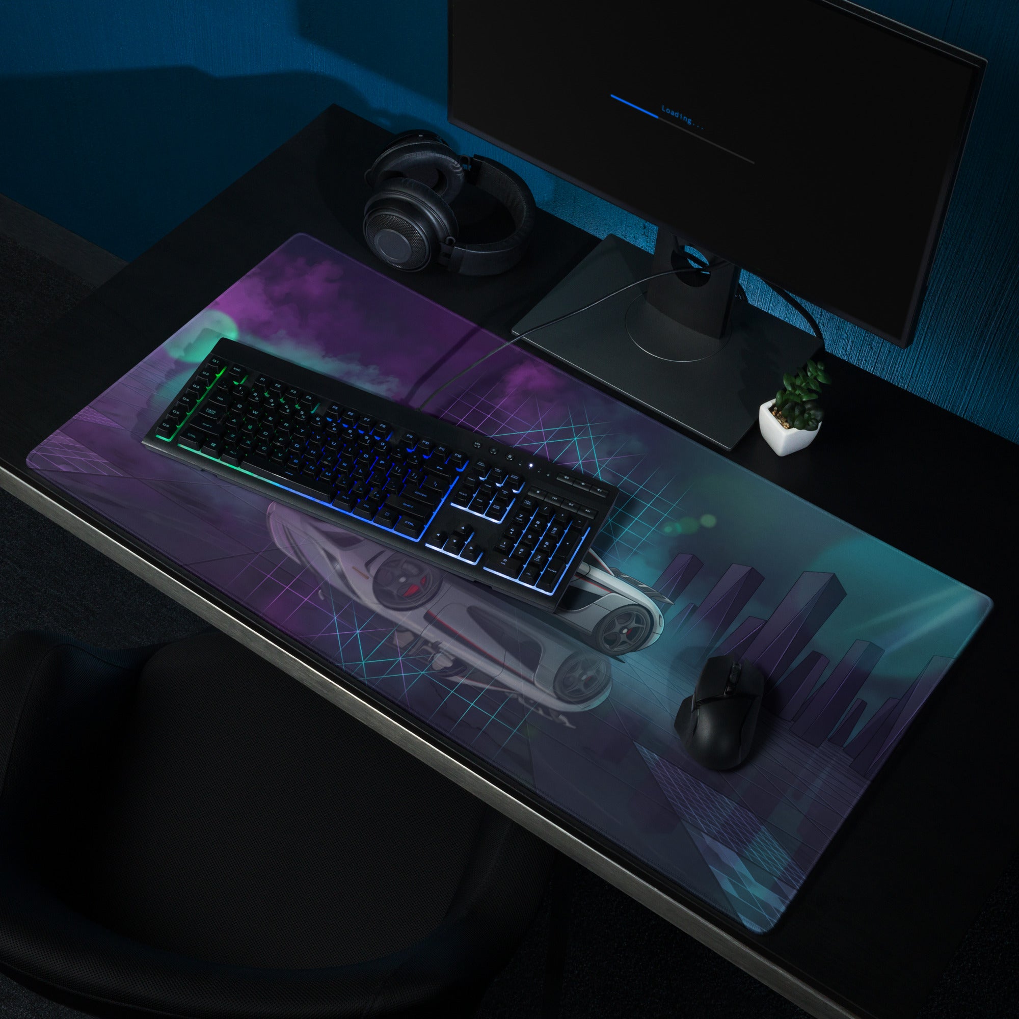 Koenigsegg Regera Inspired Silver Vaporwave Gaming Mouse Pad – Neon Cyan Purple Futuristic City Desk Mat, Dreamy Hypercar Digital Artwork