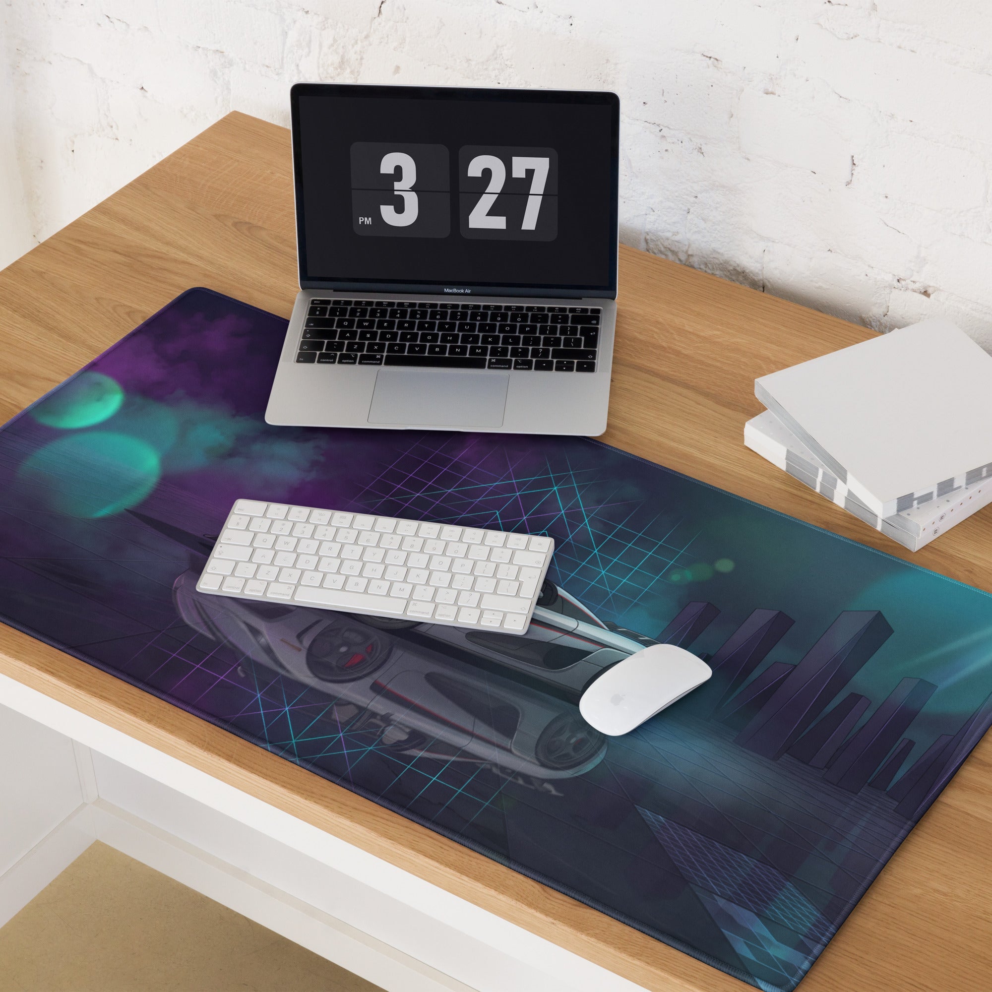 Koenigsegg Regera Inspired Silver Vaporwave Gaming Mouse Pad – Neon Cyan Purple Futuristic City Desk Mat, Dreamy Hypercar Digital Artwork