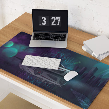 Koenigsegg Regera Inspired Silver Vaporwave Gaming Mouse Pad – Neon Cyan Purple Futuristic City Desk Mat, Dreamy Hypercar Digital Artwork