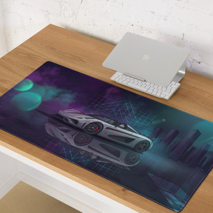 Koenigsegg Regera Inspired Silver Vaporwave Gaming Mouse Pad – Neon Cyan Purple Futuristic City Desk Mat, Dreamy Hypercar Digital Artwork