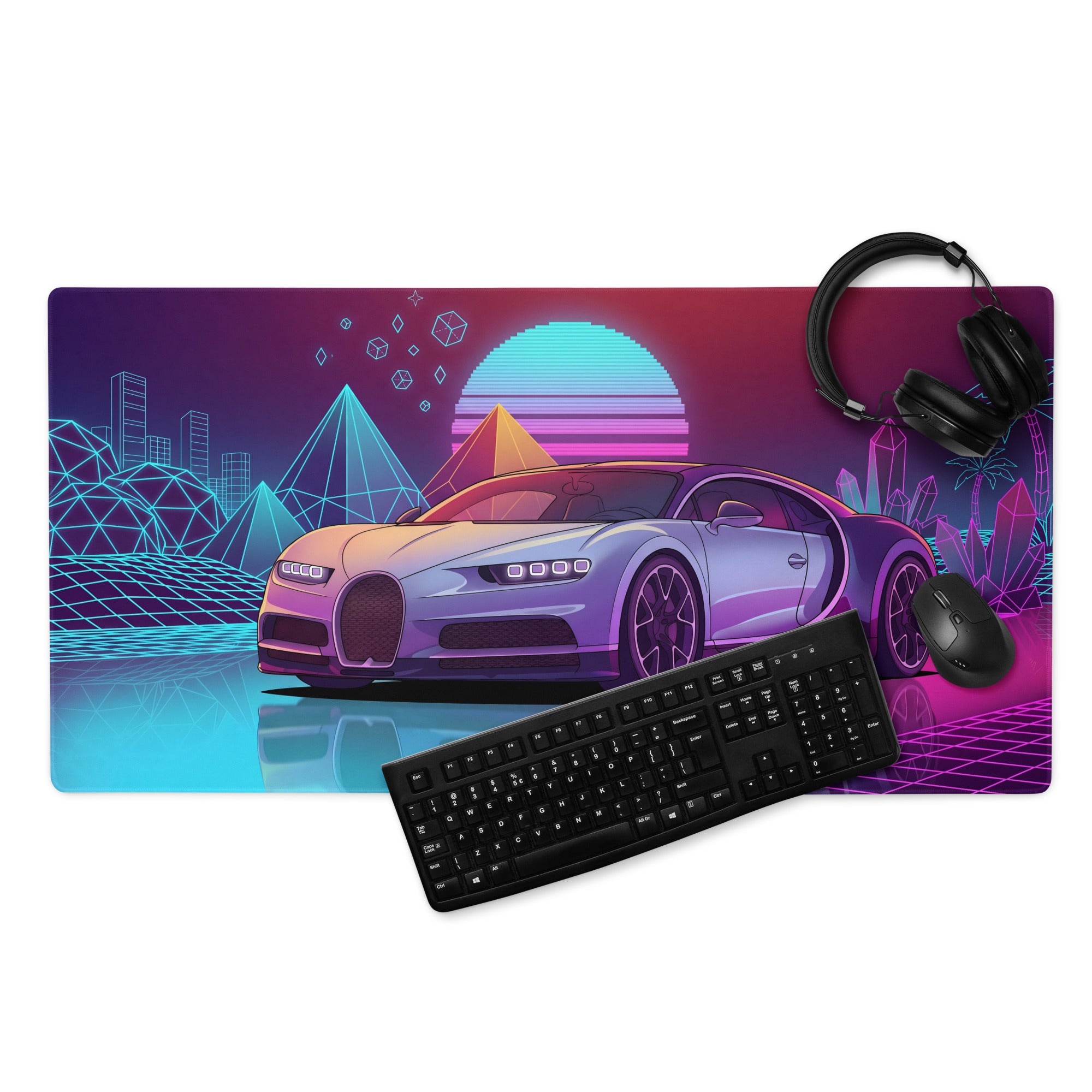 Bugatti Chiron Inspired Silver Purple Vaporwave Gaming Mouse Pad – Neon Cyan Pink Retro Futuristic City Desk Mat, Synthwave Hypercar Digital Art