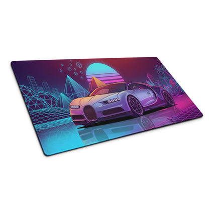 Bugatti Chiron Inspired Silver Purple Vaporwave Gaming Mouse Pad – Neon Cyan Pink Retro Futuristic City Desk Mat, Synthwave Hypercar Digital Art