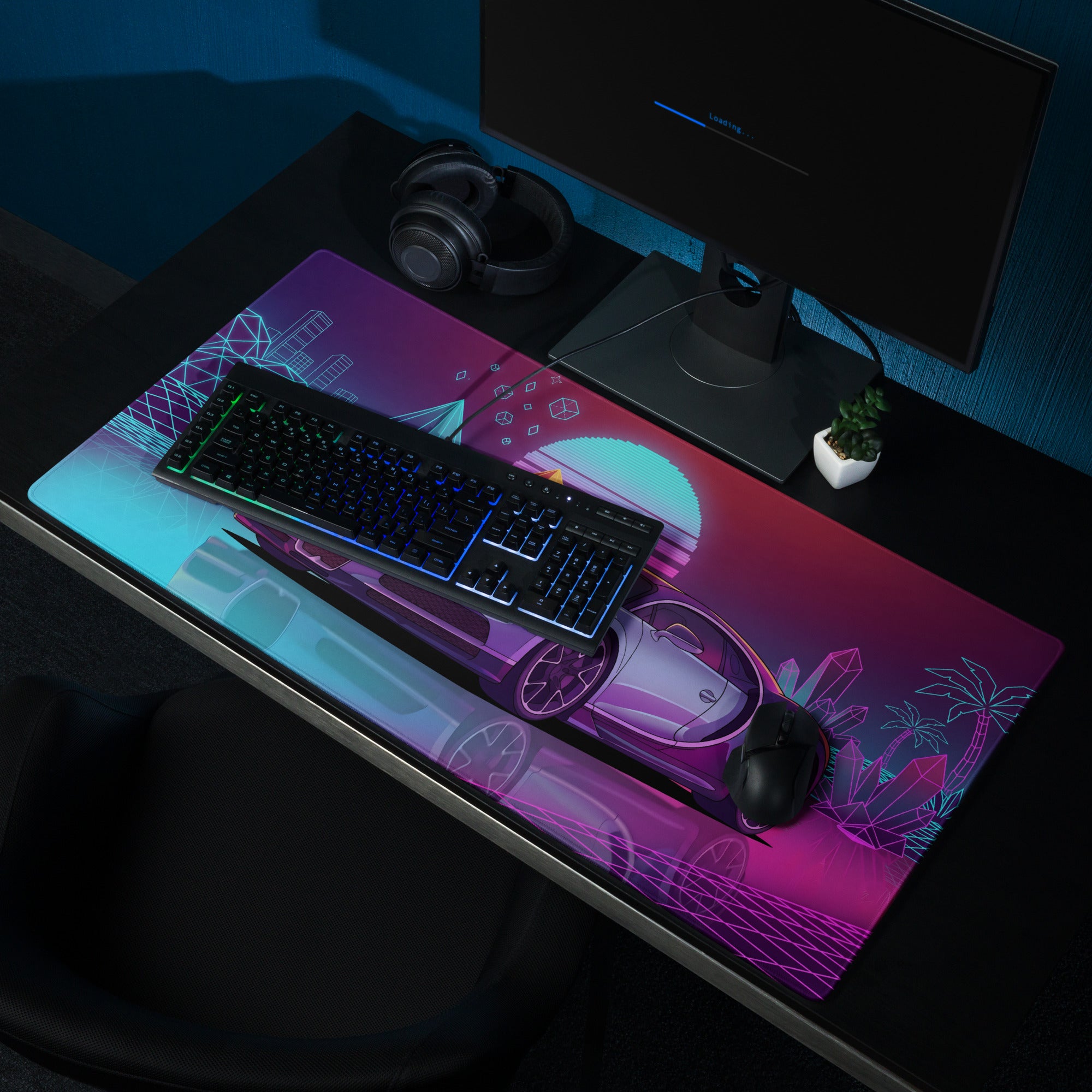 Bugatti Chiron Inspired Silver Purple Vaporwave Gaming Mouse Pad – Neon Cyan Pink Retro Futuristic City Desk Mat, Synthwave Hypercar Digital Art
