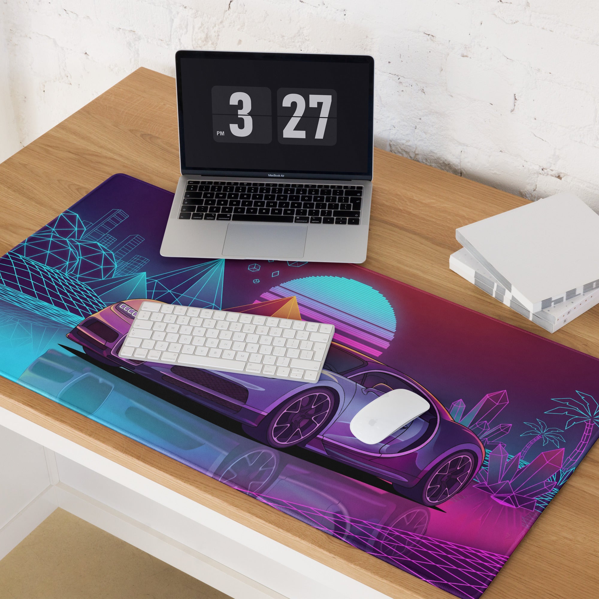 Bugatti Chiron Inspired Silver Purple Vaporwave Gaming Mouse Pad – Neon Cyan Pink Retro Futuristic City Desk Mat, Synthwave Hypercar Digital Art