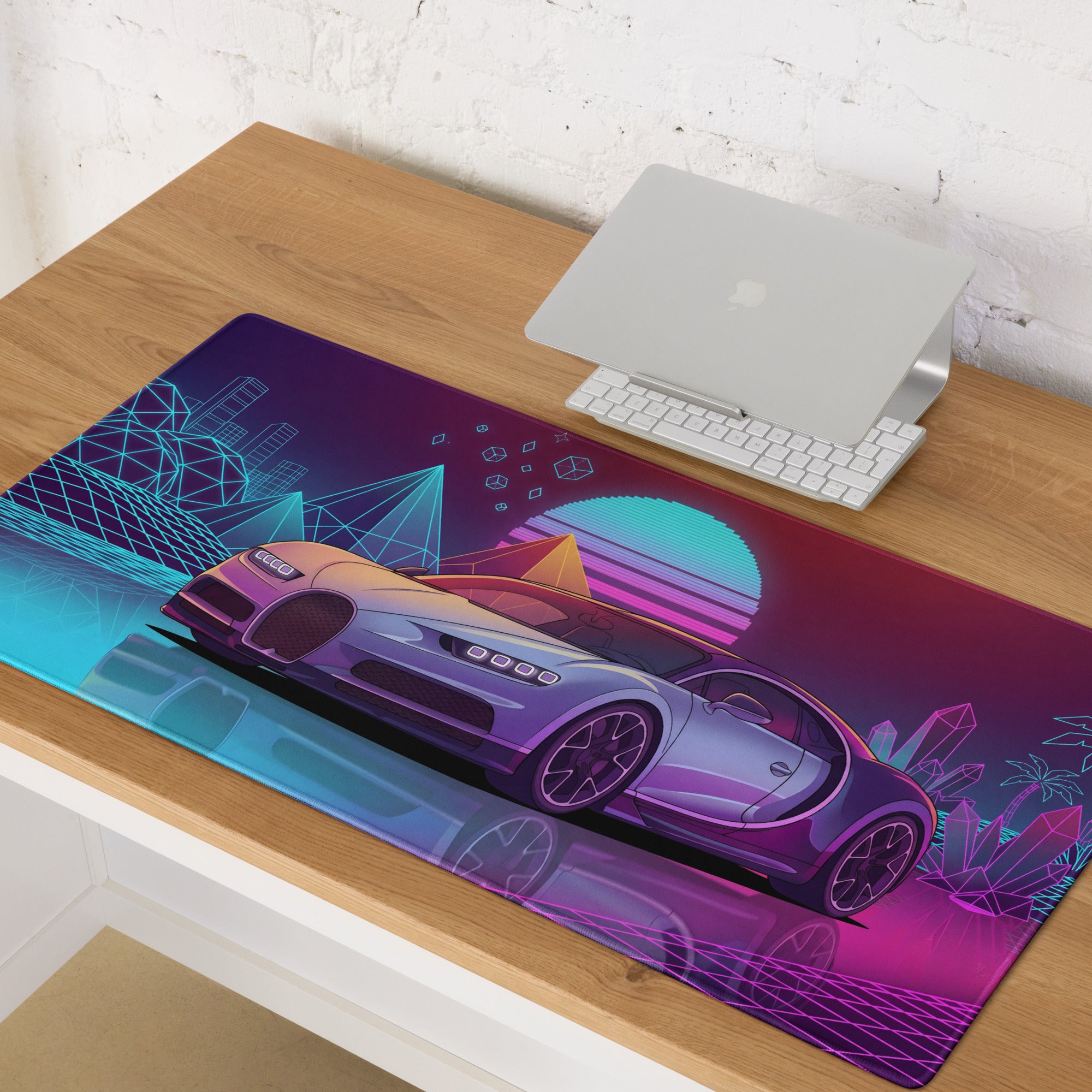 Bugatti Chiron Inspired Silver Purple Vaporwave Gaming Mouse Pad – Neon Cyan Pink Retro Futuristic City Desk Mat, Synthwave Hypercar Digital Art