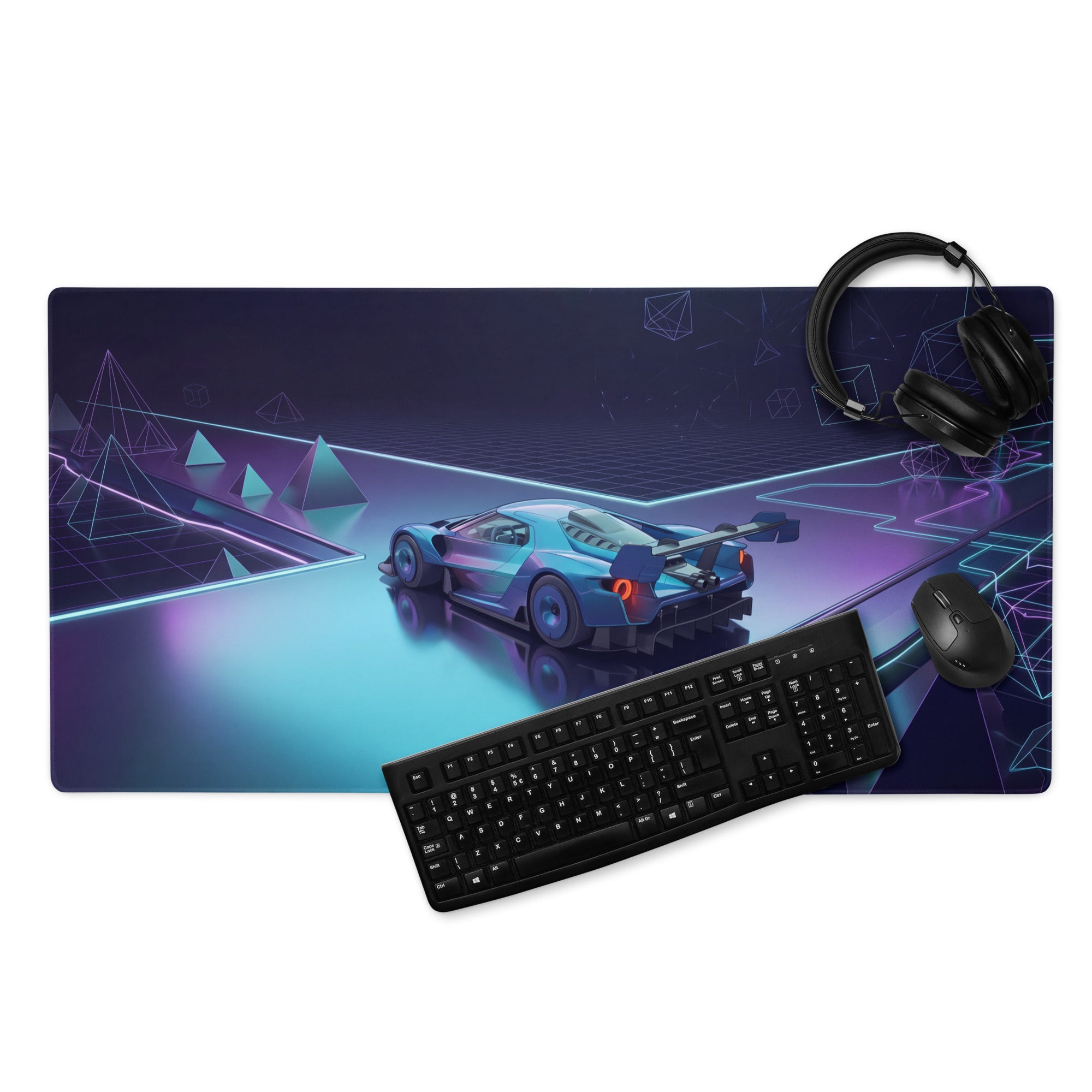 Ford GT Mk IV Inspired Silver Blue Vaporwave Gaming Mouse Pad – Neon Cyan Purple Futuristic Track Desk Mat, Geometric Supercar Digital Art