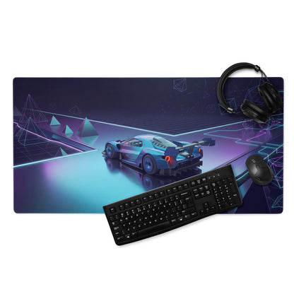 Ford GT Mk IV Inspired Silver Blue Vaporwave Gaming Mouse Pad – Neon Cyan Purple Futuristic Track Desk Mat, Geometric Supercar Digital Art