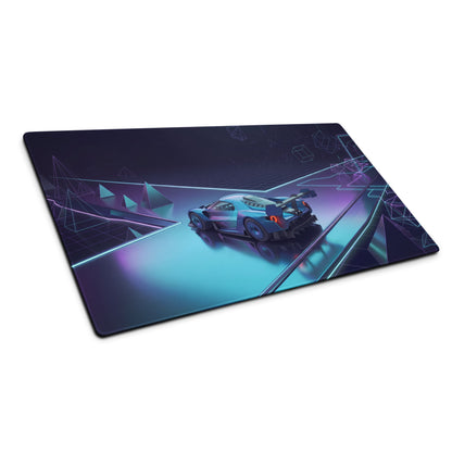 Ford GT Mk IV Inspired Silver Blue Vaporwave Gaming Mouse Pad – Neon Cyan Purple Futuristic Track Desk Mat, Geometric Supercar Digital Art