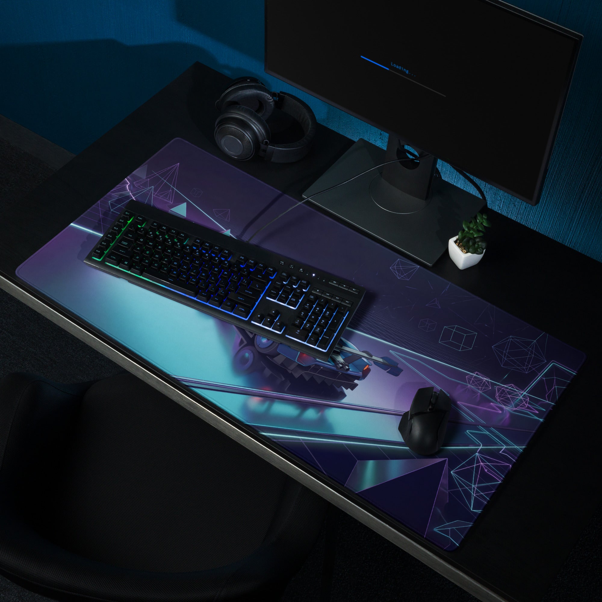 Ford GT Mk IV Inspired Silver Blue Vaporwave Gaming Mouse Pad – Neon Cyan Purple Futuristic Track Desk Mat, Geometric Supercar Digital Art