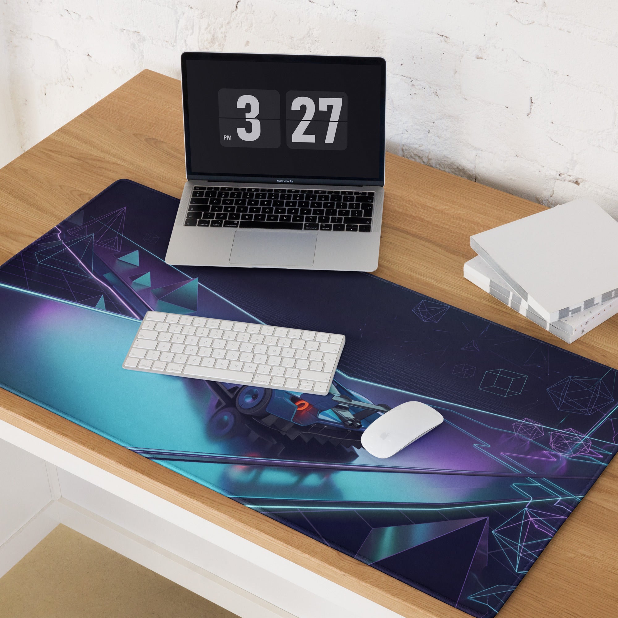 Ford GT Mk IV Inspired Silver Blue Vaporwave Gaming Mouse Pad – Neon Cyan Purple Futuristic Track Desk Mat, Geometric Supercar Digital Art